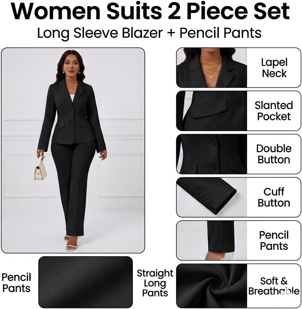 Kafiloe Women Suits 2 Piece Set Long Sleeve Blazer Pants Suit Dressy Pantsuits Business Casual Outfits