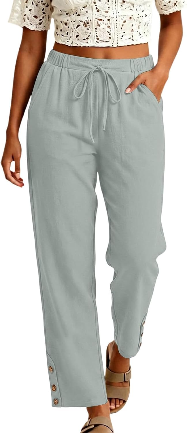 Women's Petite Linen Wide Leg Drawstring Beach Pants with Pockets