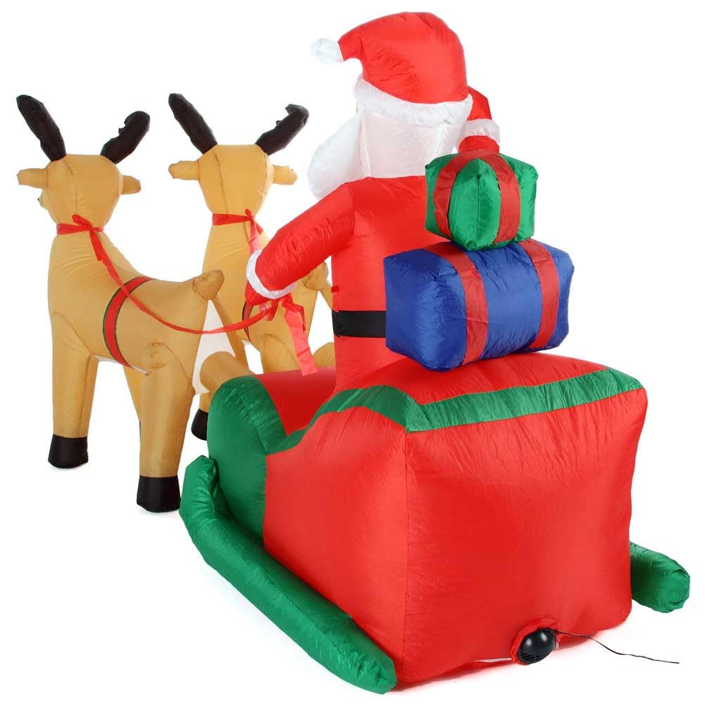 BAKAJI Babbo Natale Gonfiabile su Slitta con 2 Renne, Decorazione Natalizia Autogonfiabile, Lunghezza 240 cm con Kit di Fissaggio per Esterno, Illuminazione LED con Protezione IP44, Addobbo Natalizio