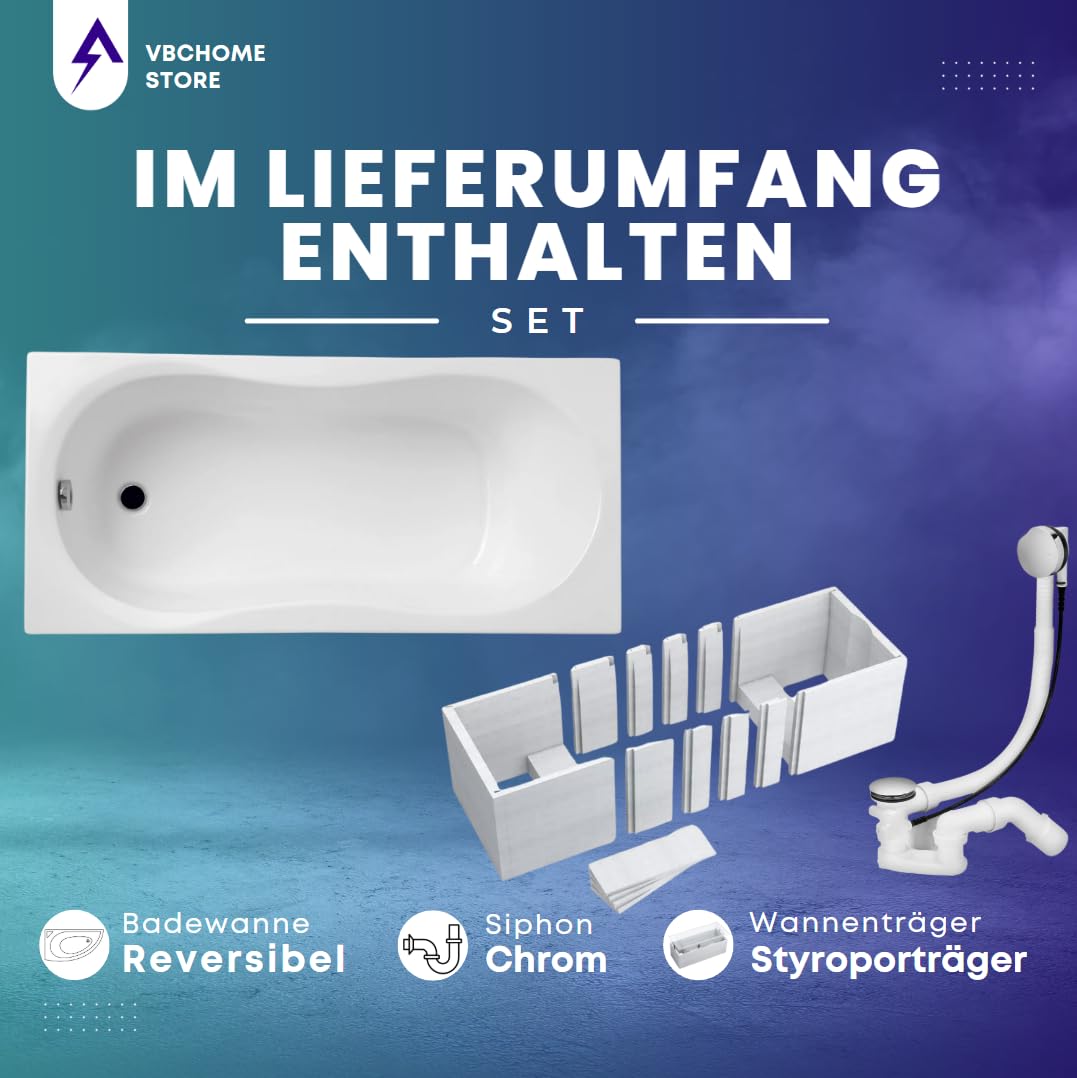VBChome Badewanne 120x75 cm Weiß Acryl Wannenträger Styroporträger Siphon Rechteckig Wanne Abfluss Design Modern Ablaufgarnitur in Chrom Badewanne mit Wannenträger