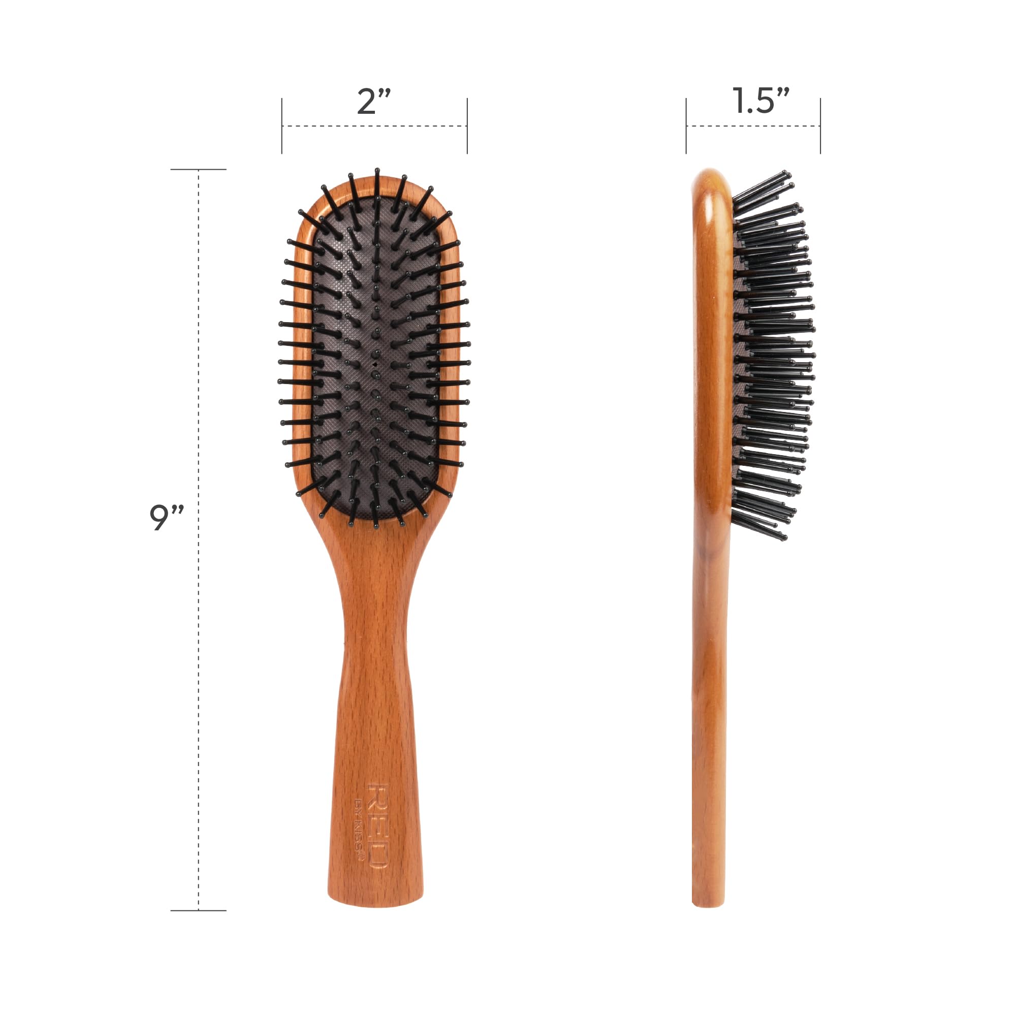 RED by Kiss Cepillo de paleta de madera, cepillo para desenredar el cabello, cepillo de cerdas largas de madera de haya para cabello grueso, rizado, fino, largo, corto, húmedo y seco, brillo de larga