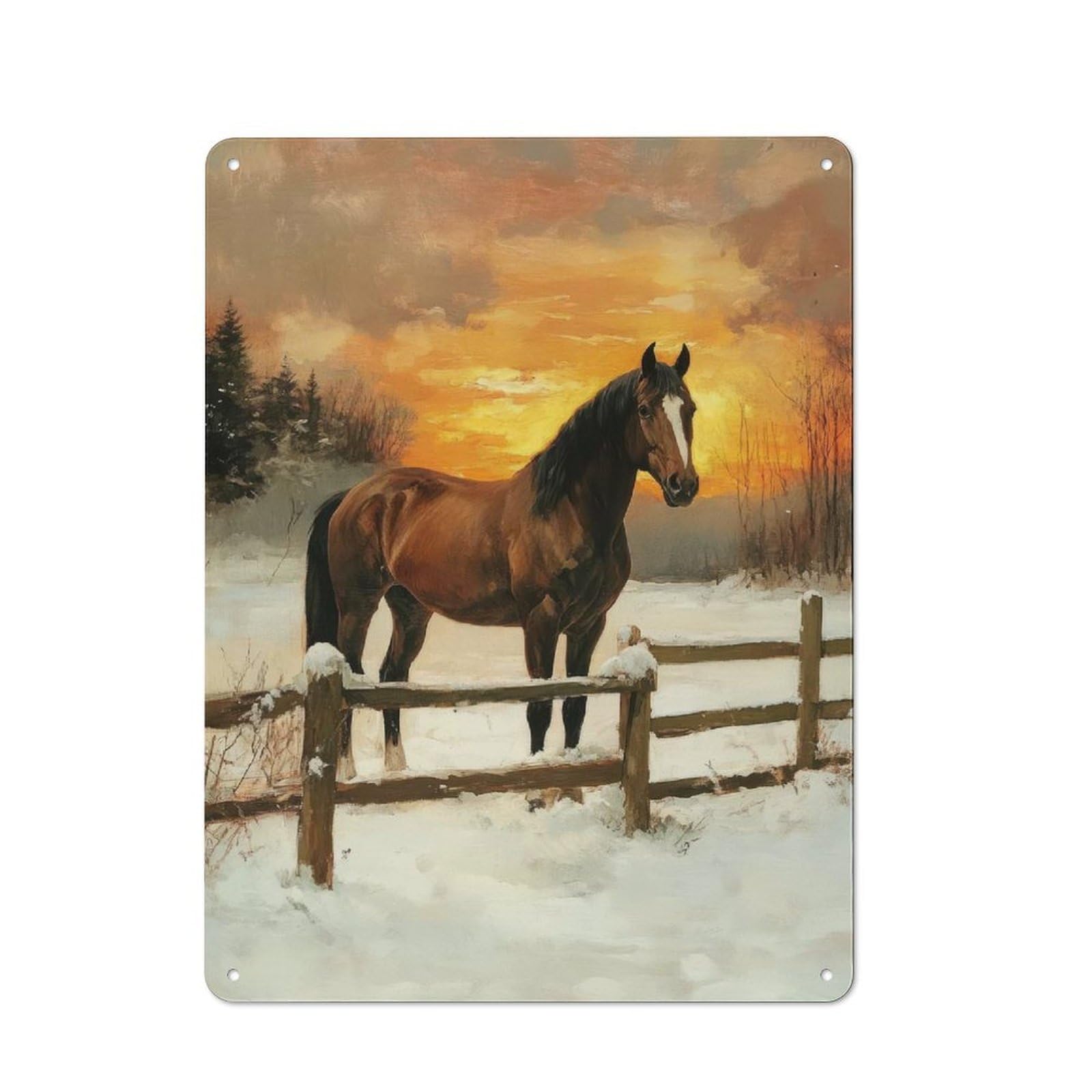 Junmoney Horse In Winter Sunset Rustic Metal Plaque 40X30cm For Lounge Or Reading Corner, For Home Office, Studio And Craft Room Walls