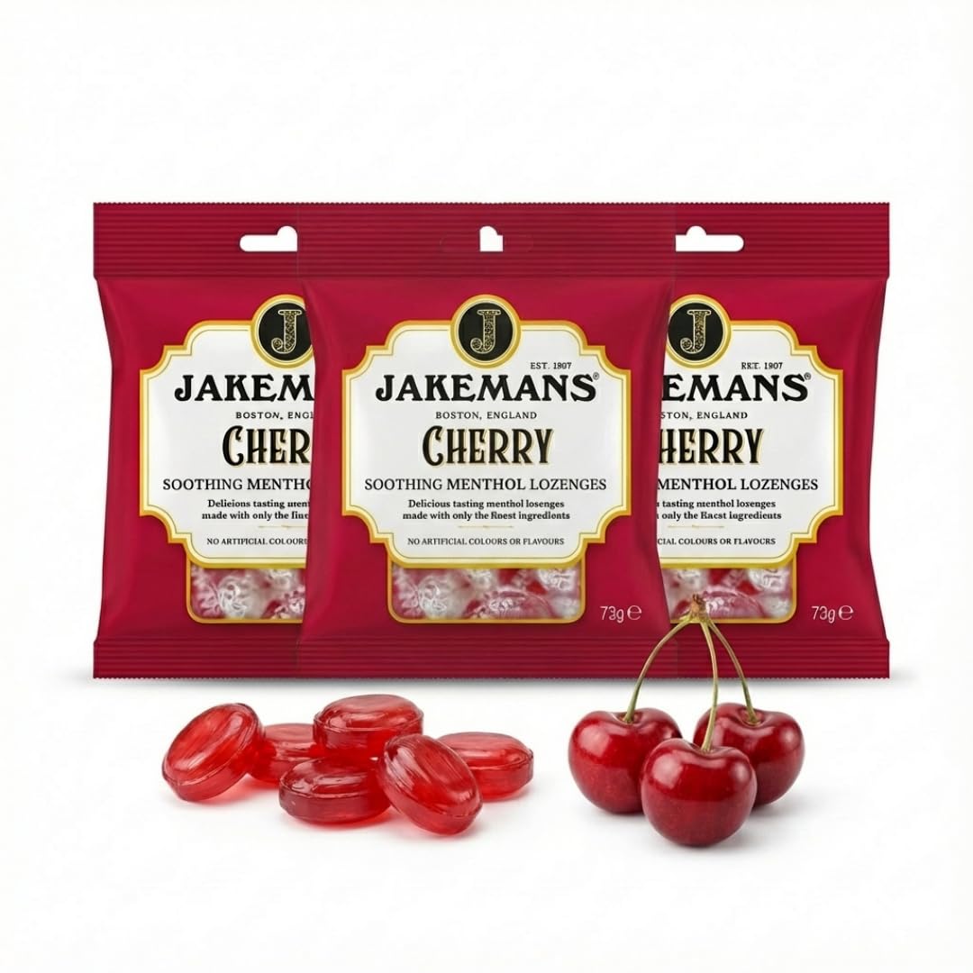 Jakemans Cherry Boiled Sweets 3 x 73g - Traditional Hard Candy with Natural Flavour - Vegetarian, No Artificial Colours or Flavours