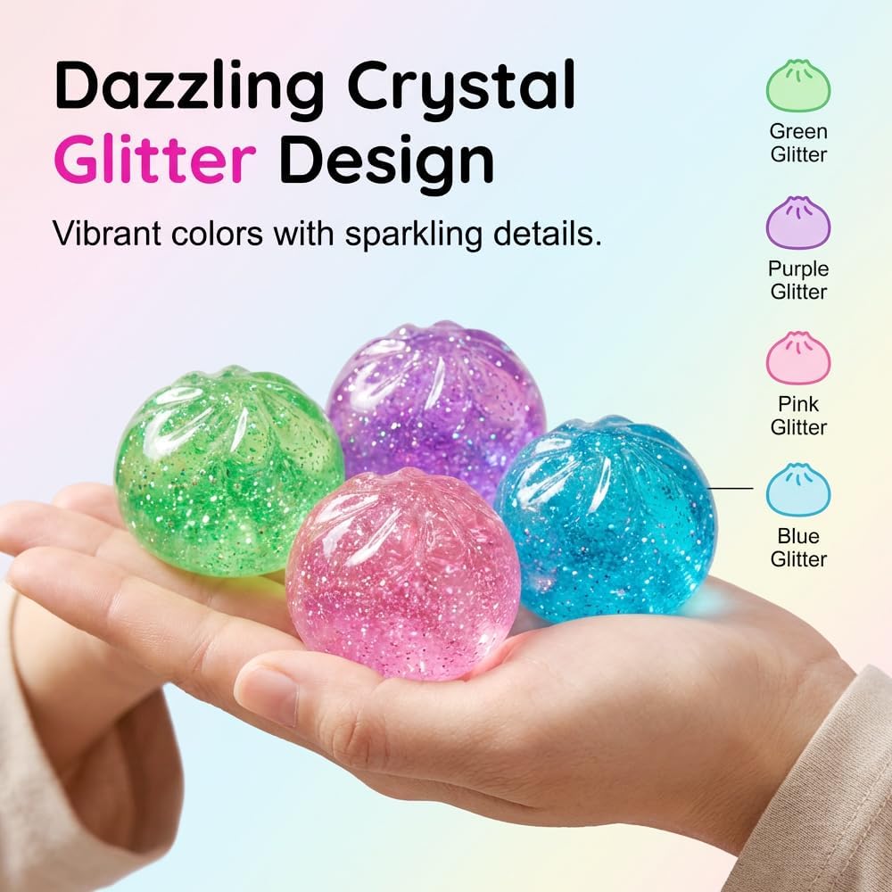 Glitter Dumpling Squishy Stress Ball, Fidget Stress Reliever with Rainbow Colors, Slow Rebound for Anxiety Relief, Relaxation Gift (Pink*1)
