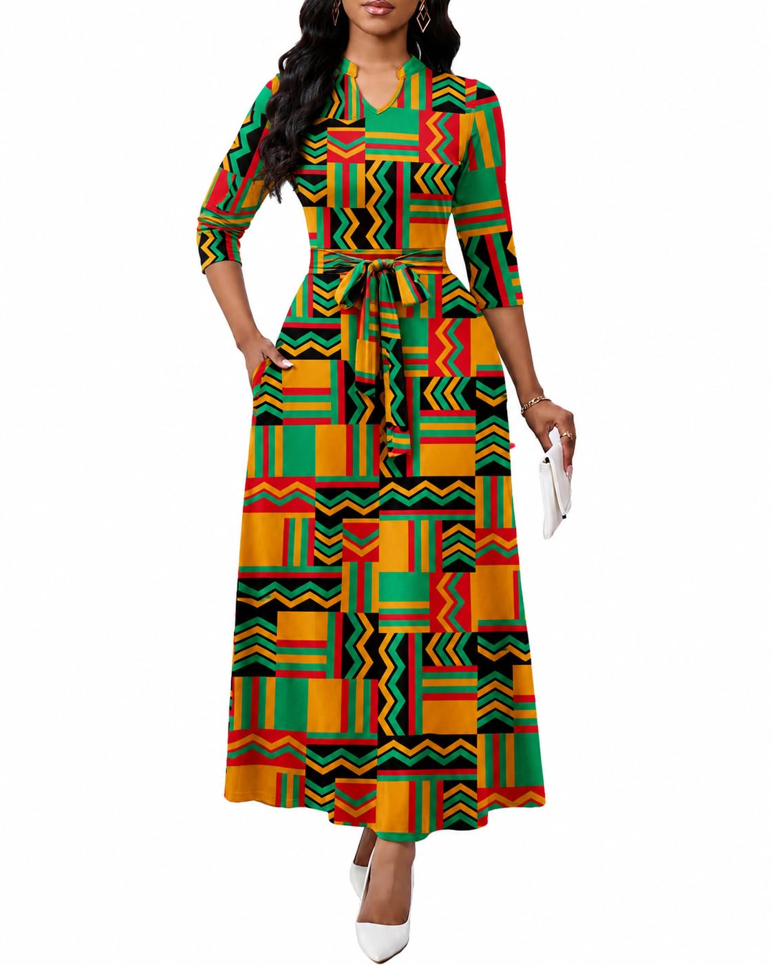 Maxi Dresses for Women Semi Formal Long Dress 3/4 Sleeve Casual A-line Church Dresses with Pockets