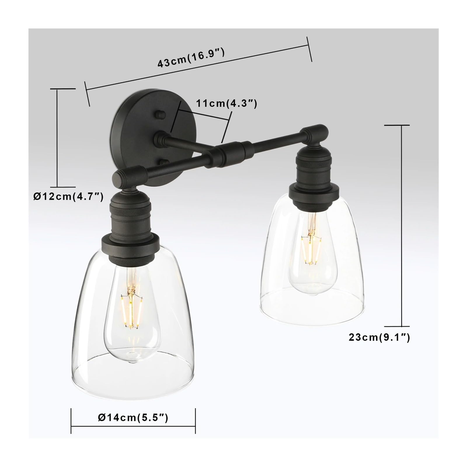 Applique da Parete, lampade da Parete industriali con Paralume Ovale in Vetro, 2 luci, lampade retrò per Camera da Letto, Specchio da Trucco,D