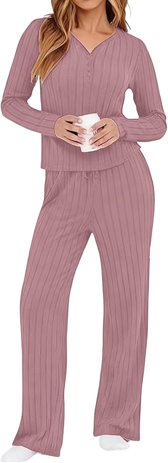 Women's Long Sleeve Tracksuit Ribbed Knit Sweatsuits Set Two Piece Loungewear V Neck Top And Wide Leg Pants