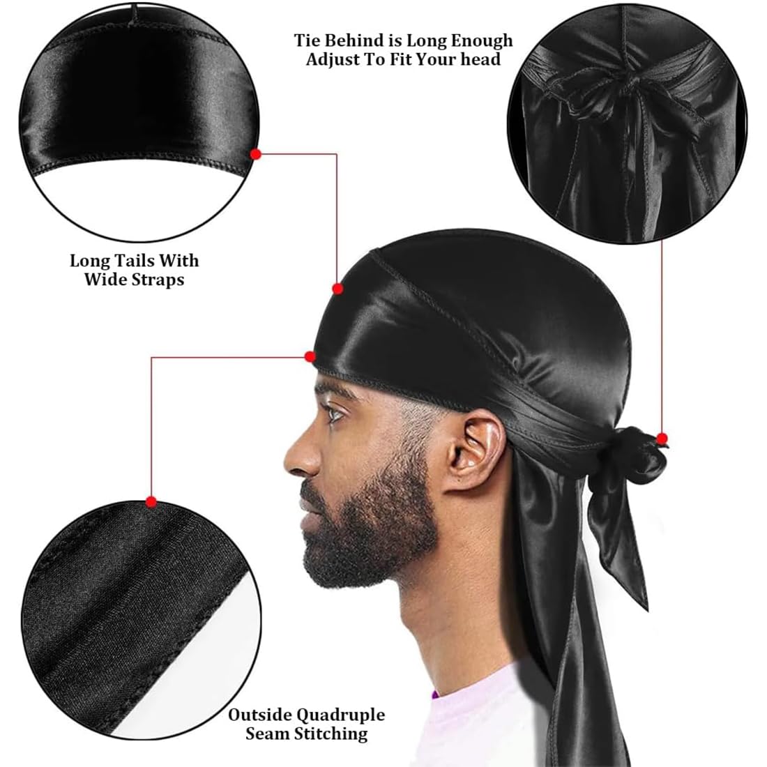 3 Pezzi Fasce Lunghe Durag per Capelli, Unisex, per Stile Hip-Hop, Protezione dal Sole, Colori: Rosso, Nero, Bianco