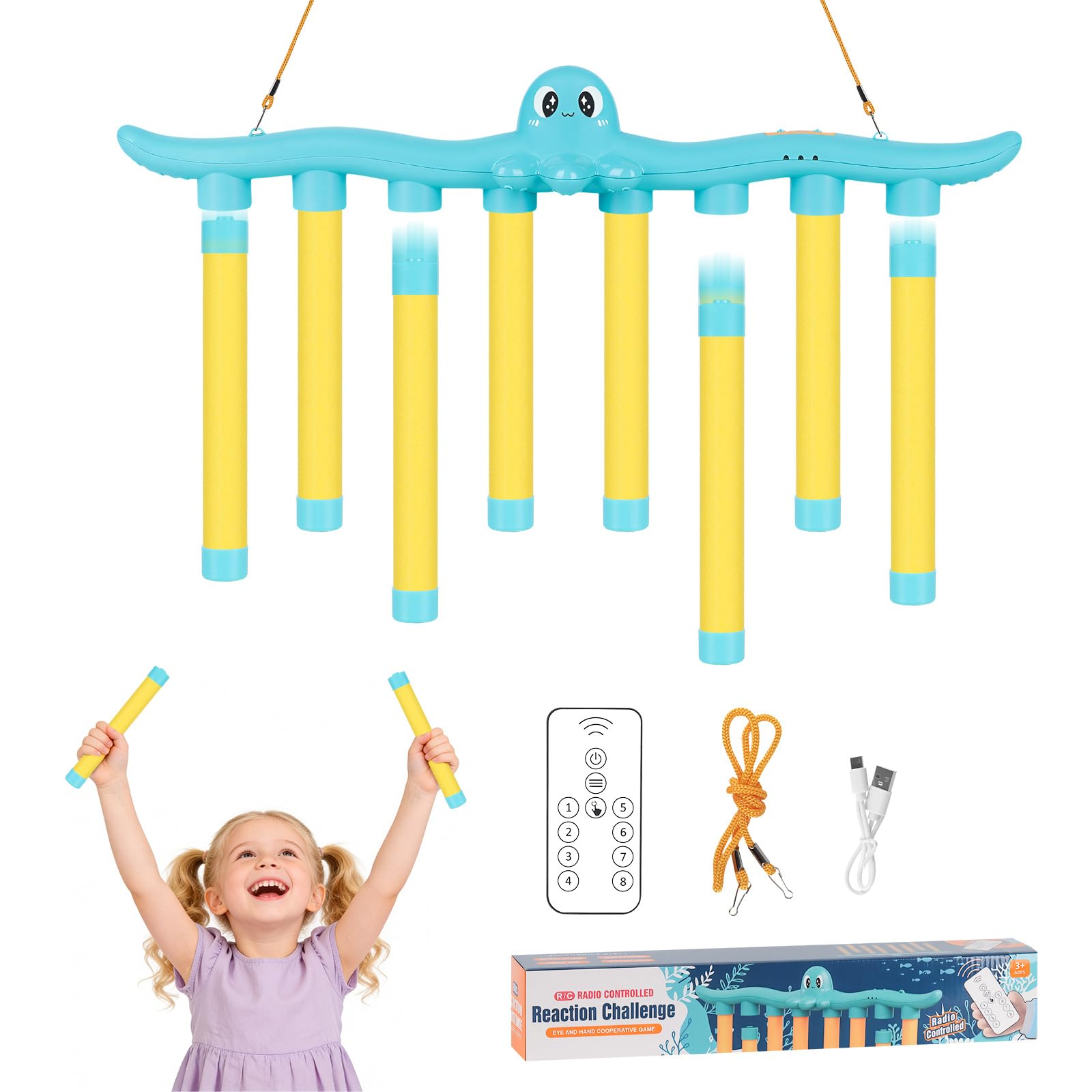 Catching Sticks Game Hand Speed Challenge Game,Pugil Sticks Quick Reactions Toy with 3 Dropping Speeds, Hand-Eye Coordination Training,Drop It Catch It Win It Reaction Games, Fun Octopus Shapes (Blue)