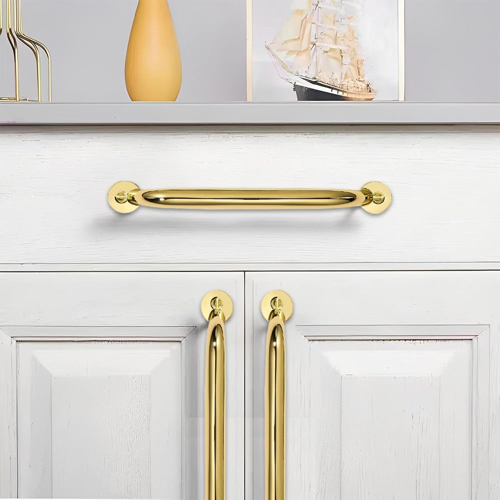 10 Pack 6 inch Hole Center Polished Brass Cabinet Pulls - Heavy Duty Solid Drawer Hardware Handles Kitchen Vanity Bathroom Handles