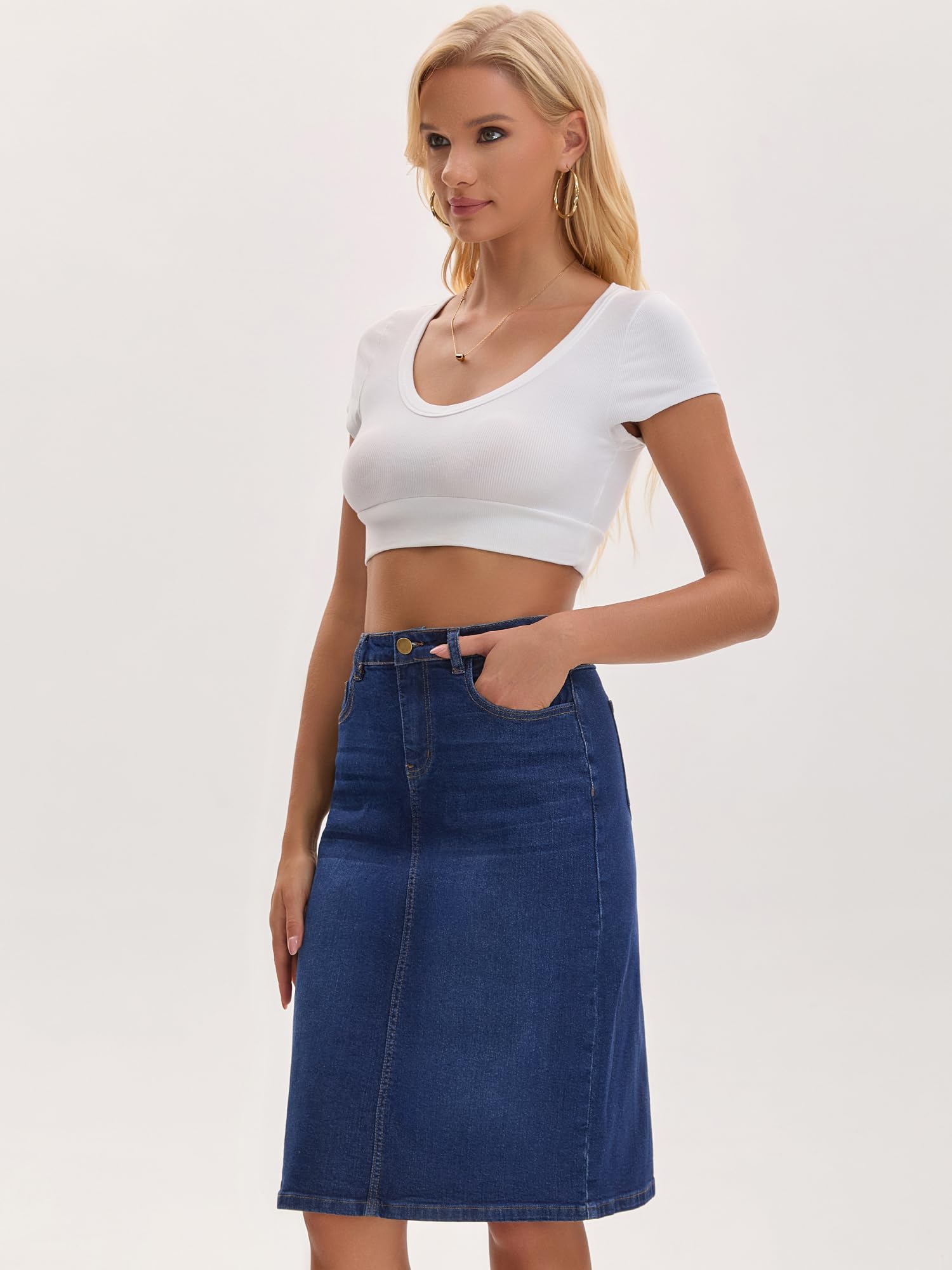 Damen Jeansrock mit Gehschlitz Stretch Knielang | Hohe Taille Gewaschener Stil Bleistiftsaum Reguläre Passform Knopf Reißverschluss mit 4 Taschen