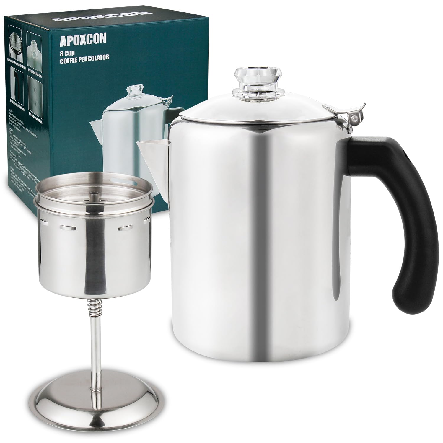 APOXCON Coffee Percolator Pot Stainless Steel Coffee Maker with Heat Resistant Tough Glass Knob Camping Coffee Pot Using on any Stovetop Silver 8 Cup