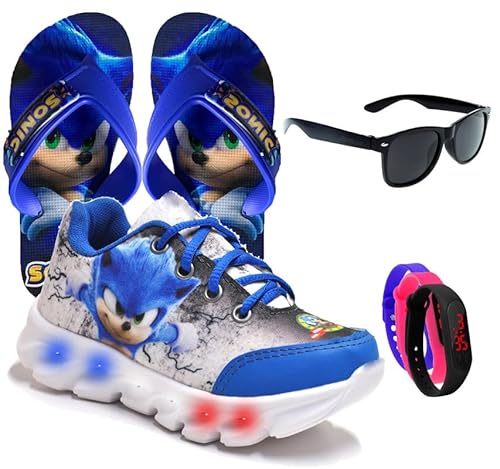 Tenis De Led Masculino Sonic Meninos Infantil Estilo Original + Chinelo e Brindes Cor:Azul;Tamanho:2