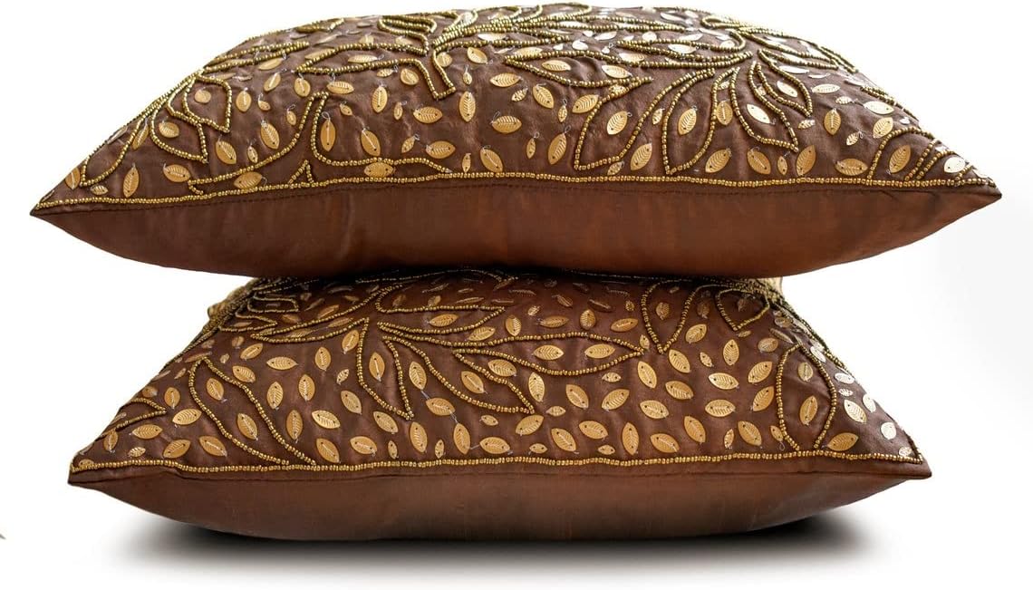The HomeCentric Decorative Brown 12"x14" (30x35 cm) Lumbar Pillow Cover, Silk Beaded Embroidery Oblong Pillow, Floral Pattern Modern Style - Kirrily