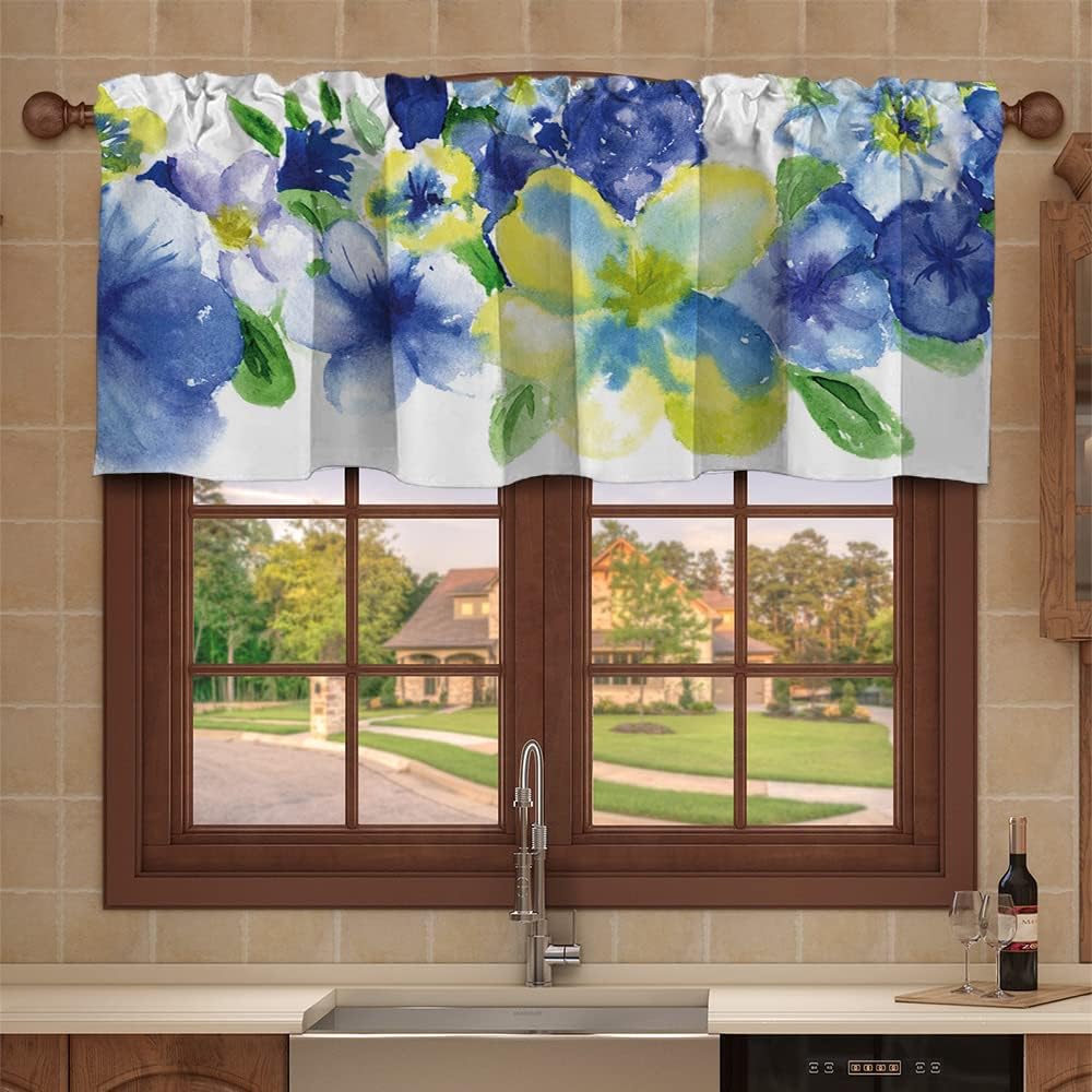 Valance Curtain,Floral Yellow and Blue Pattern,Kitchen Curtains Rod Pocket Window Treatment Valance for Bathroom Basement,60 x 18 in,Royal Blue Lime Green