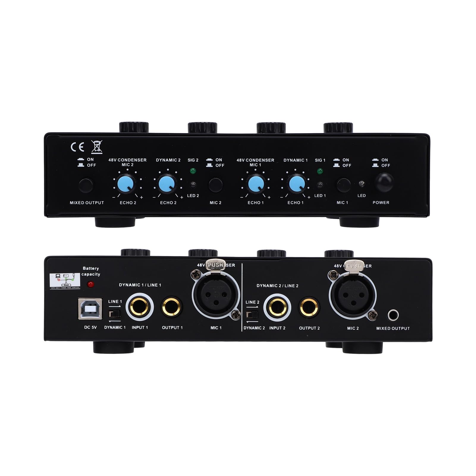 Mixer Microfonico per Registrazione in Studio |Interfaccia Audio a 2 con Alimentazione Phantom 48V, Interfaccia Alimentata a Batteria da 3200mAh per Musicisti, Streamer