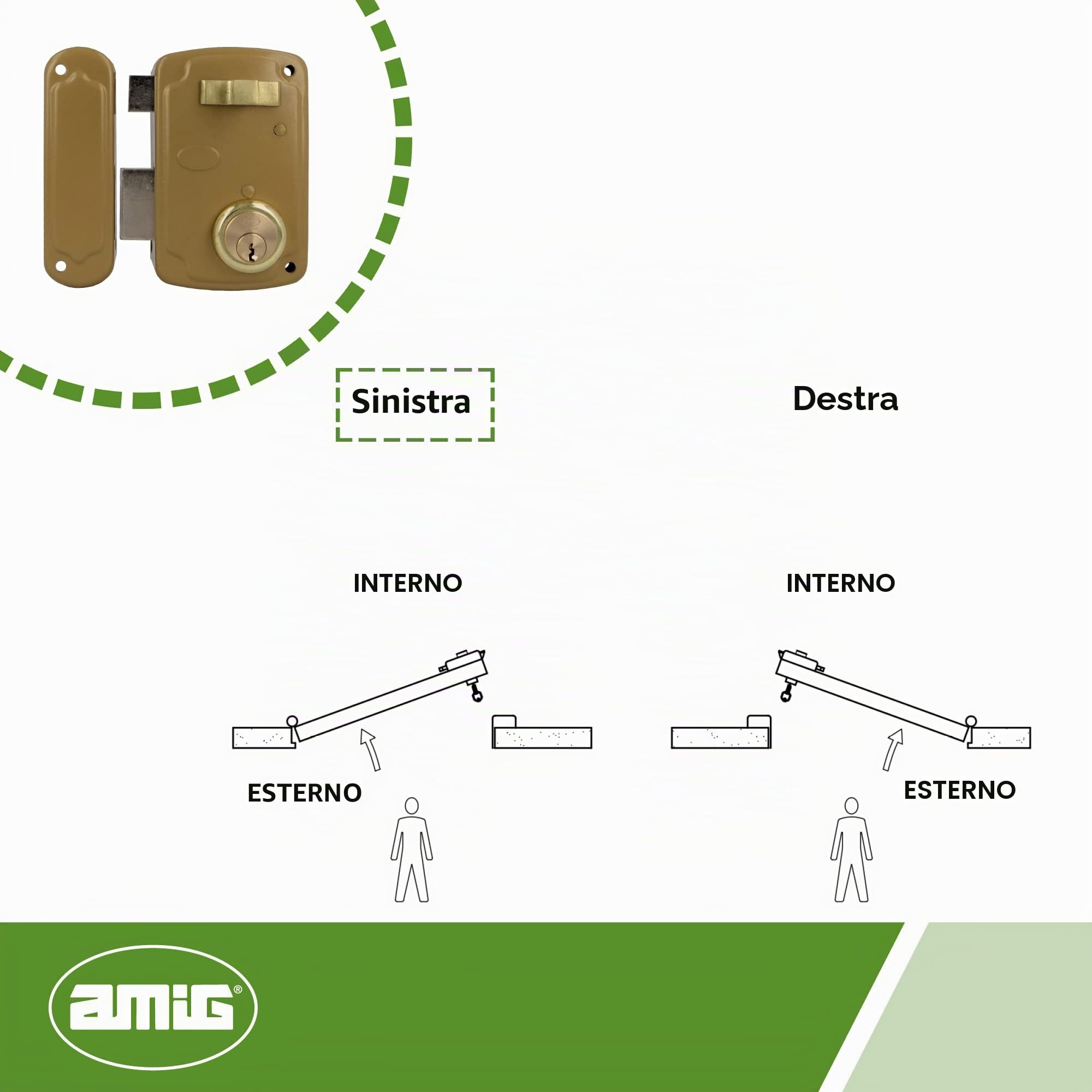 Amig - Serratura da sovrapposizione a sinistra con leva di chiusura, linguetta e maniglia per porte in legno mod. 75U 76 x 120 mm Cilindro rotondo di sicurezza in acciaio dorato