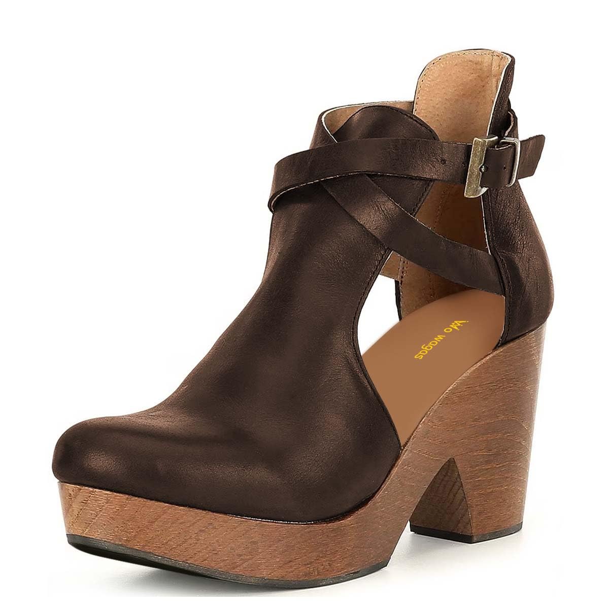 Womens Platform Round Toe Cutout Ankle Boots Strap Buckles Cork Chunky High Heel Bootie Casual Work Office Shoe