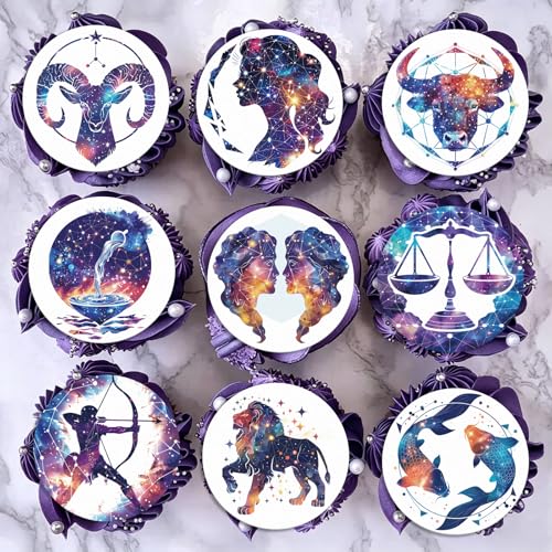 Fyeoxle 36pcs Edible Zodiac Signs Cupcake Toppers Wafer Paper Twelve Constellation Birthday Cake Decorations Edible Horoscope Cupcake Picks for Astrology Theme Party Cake Decor