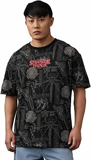 The Souled Store Stranger Things: Logo Men and Boys Short Sleeves Round Neck Black Graphic Printed Cotton Casual Streetwea... Price In India