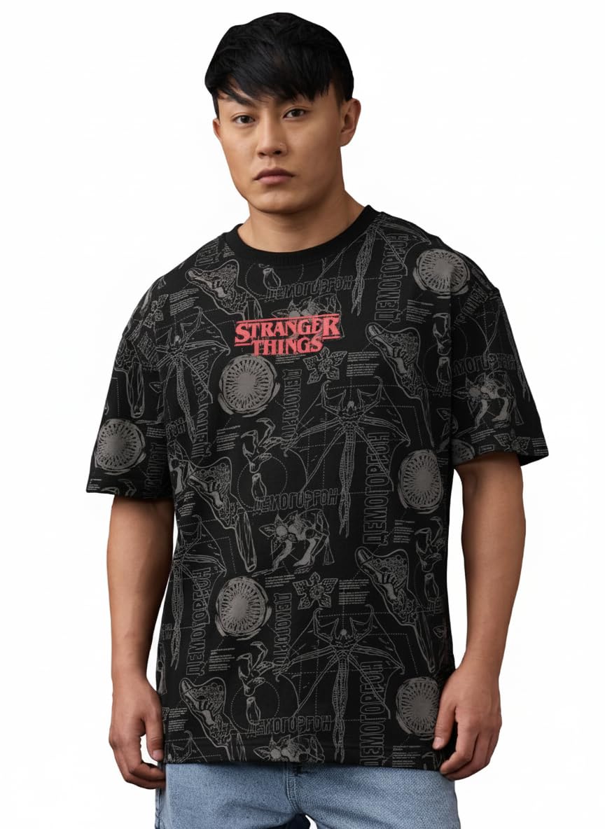 the souled store Stranger Things: Logo Men and Boys Short Sleeves Round Neck Black Graphic Printed Cotton Casual Streetwear Oversized T-Shirt-picture-24