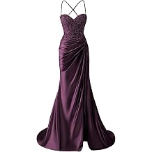 Bolodoo Womens Lace Applique Satin Prom Dress with Slit Mermaid Twist Corset Long Formal Gown