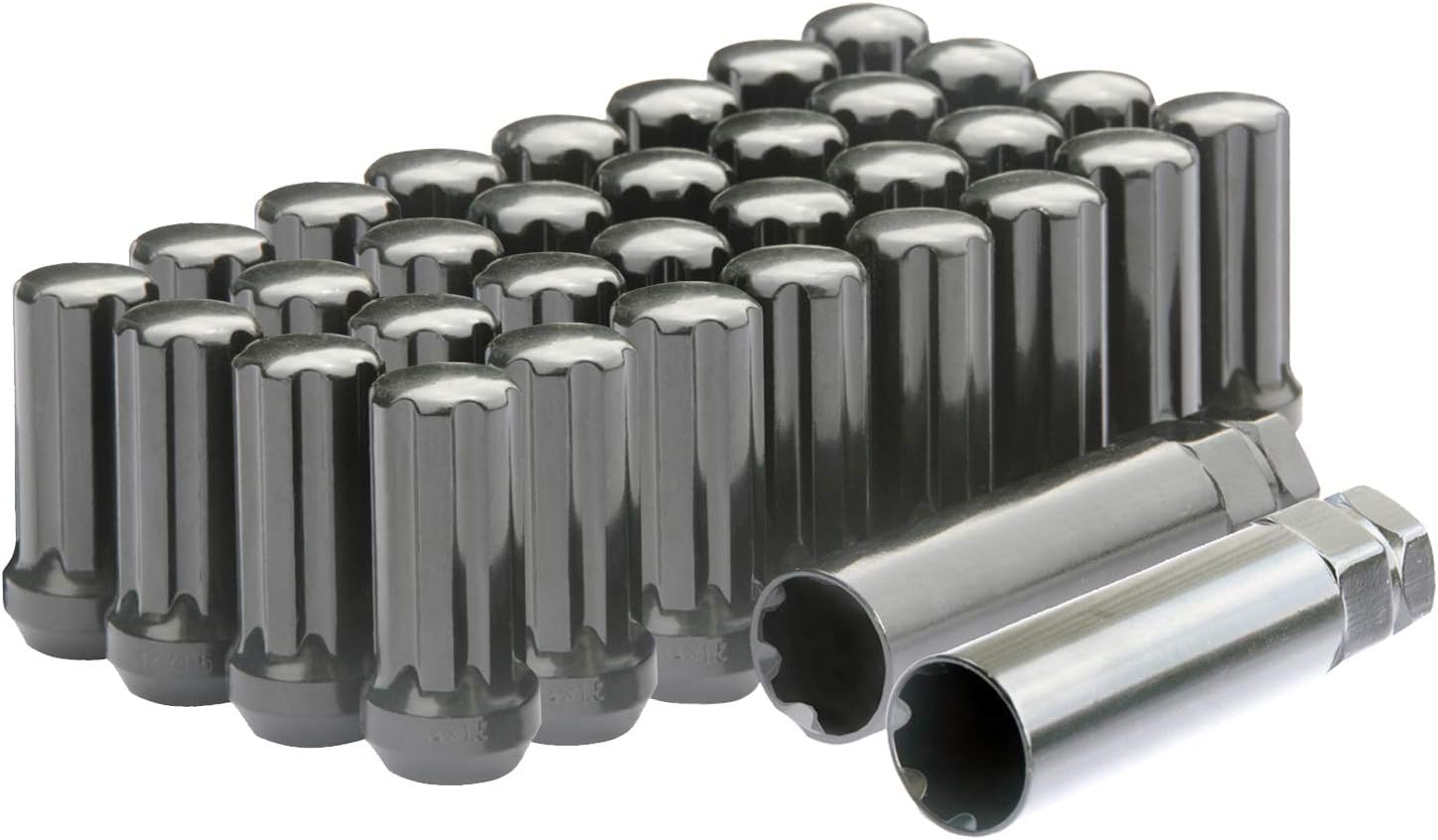 32pc Black Spline Wheel Lug Nuts 9/16"-18, 2" Tall Compatible with Aftermarket Wheels for Dodge Ram 1500 2500 3500 Ford F250 F350 Dually (Vehicle Must with 9/16" Studs)