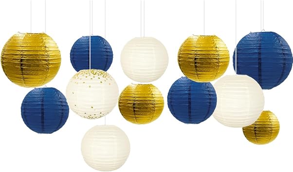 NICROLANDEE Party Decorations - 12PCS Navy Blue Gold Glitter Hanging Paper Lanterns for Graduation Decoration, Birthday, Bridal Shower, Wedding, Engagement, Bachelorette, Gender Reveal Party Supplies