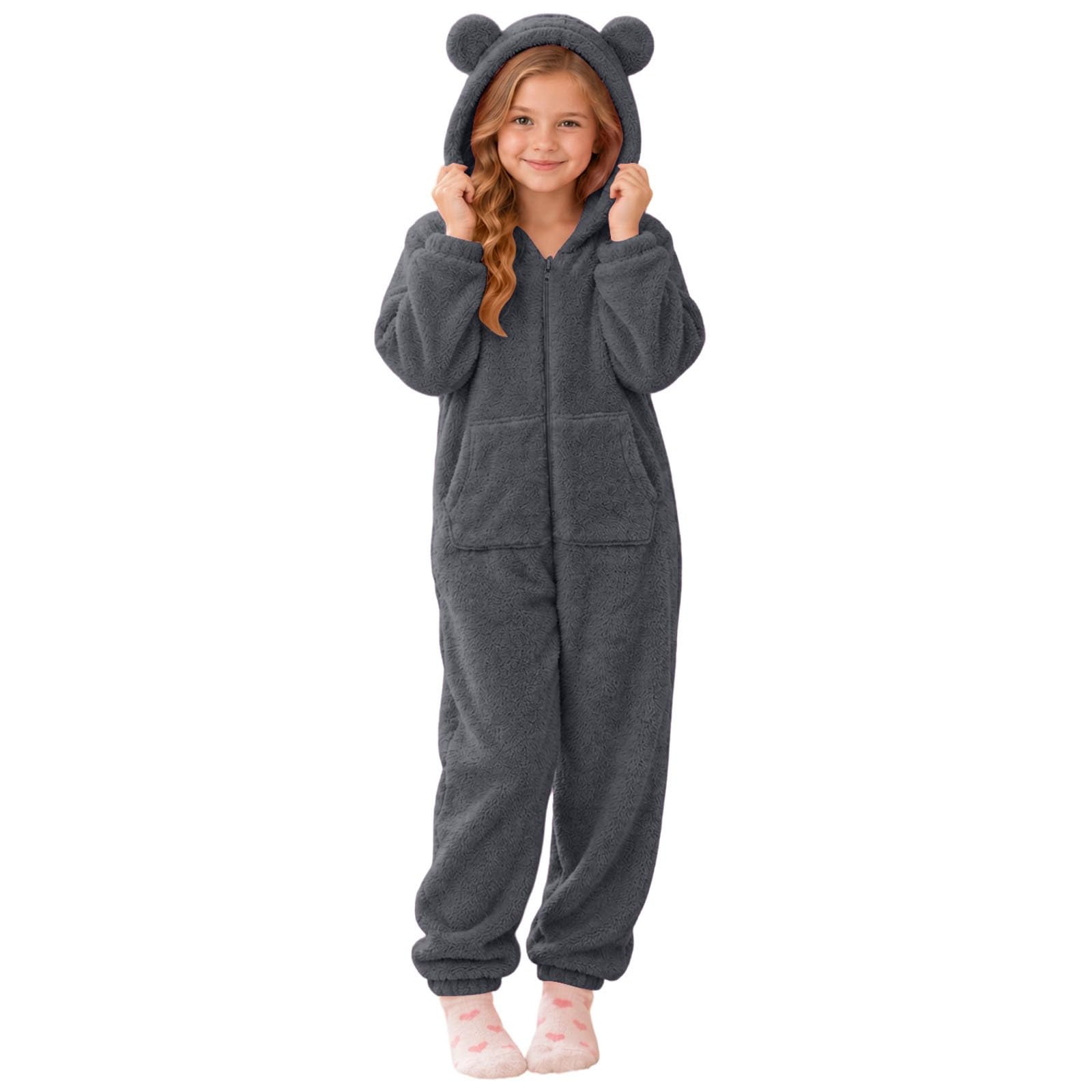 Girls Animal Onesie Fleece Fuzzy Warm Sherpa Bed Jumpsuit with 3D Hood — image 1