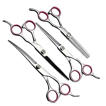 7 Inch, 4 Pcs/ Set 4CR Stainless Steel Heavy Duty Titanium Coated Pet Grooming Scissors Kit With Safety Round Tip- Thinning, Straight, Curved Shears for Long Short Hair for Dog/Cat, Dog Scissor, Dog Grooming Kit, Scissor for Dog Hair Cutting