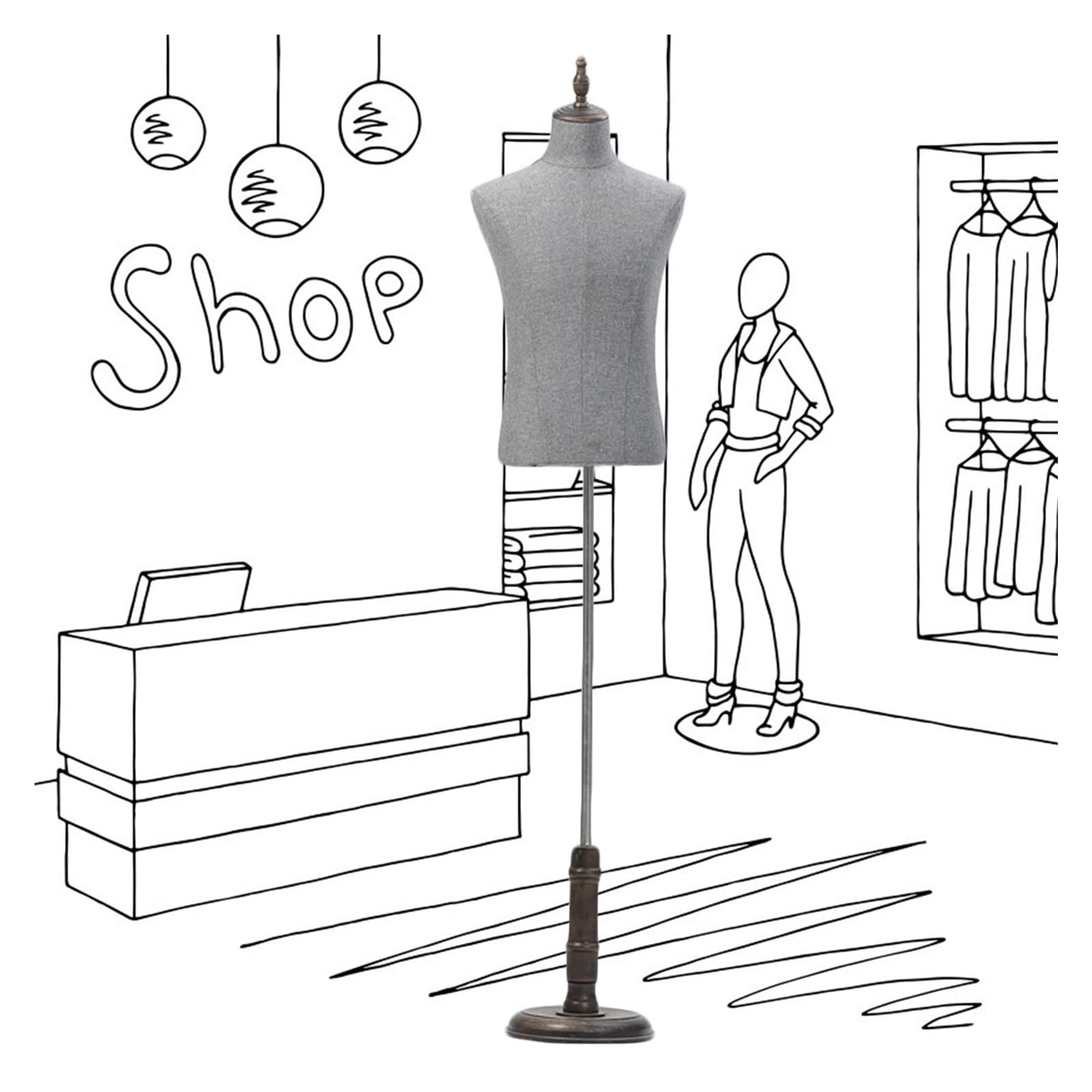 Maniquí Cuerpo Torso Masculino, Modelo de Maniquí de plástico a Media Escala con Base Redonda de Madera para Escaparate Fotografía Soporte de Exhibición de Estudio, Fácil de Montar