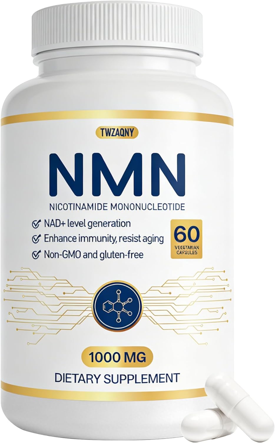 NMN Supplement 1000 mg - Used to delay Aging, Helps with Cell Regeneration, and Increases NAD+ Levels to Enhance Energy Metabolism. NAD Supplement 60 Capsules (30 portions)