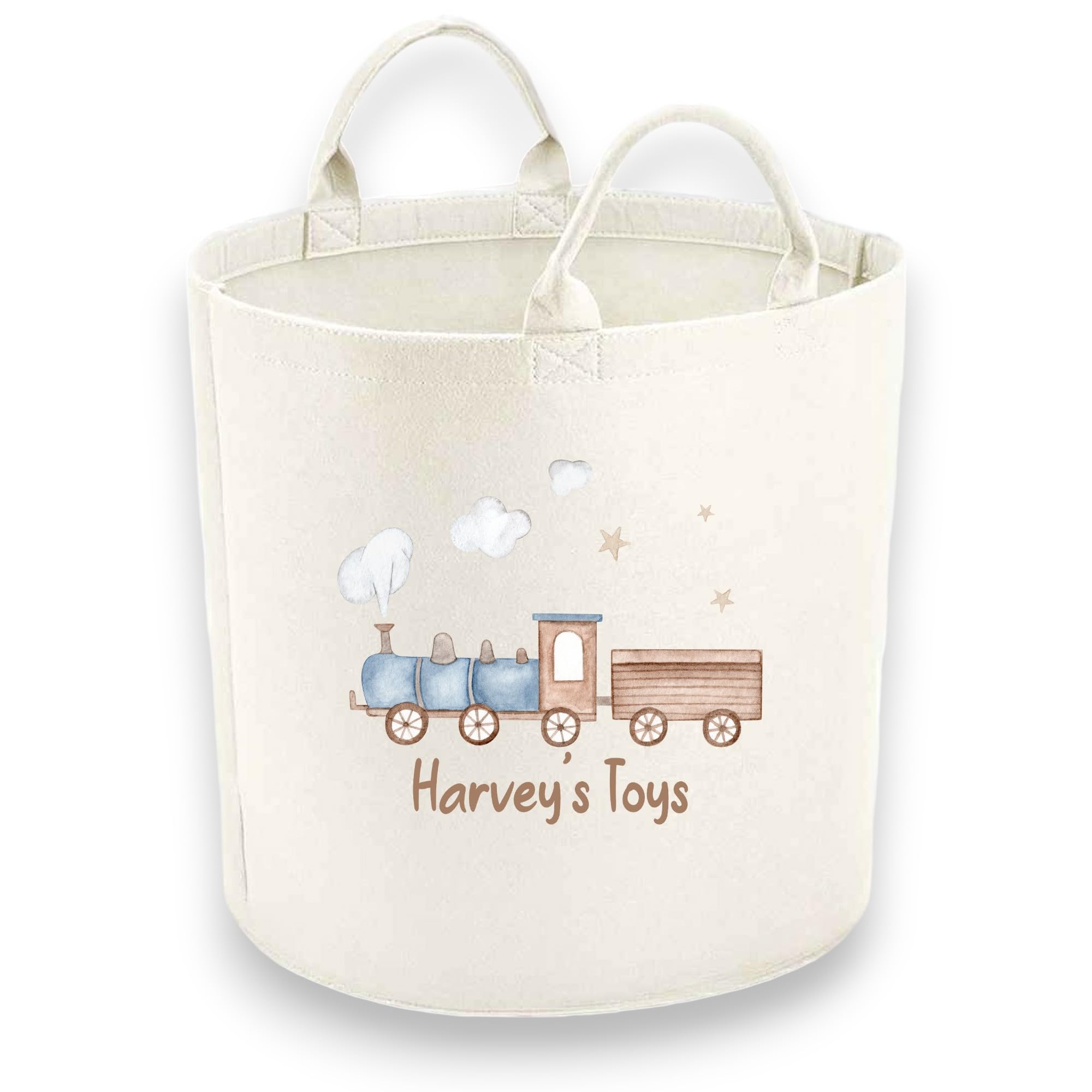 Personalised Child Felt Toy Tub with Blue Trains Print (Various Sizes) (Medium (40x40cm))