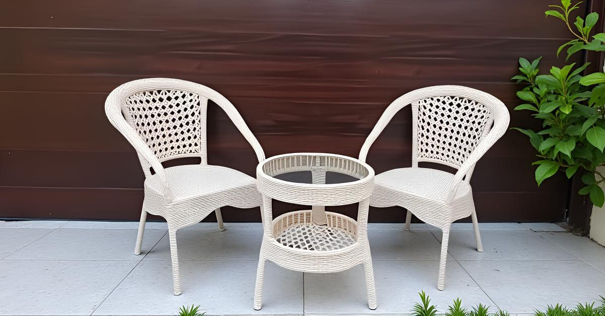 APK E-STORE Garden Patio Seating Chair and Table Set Outdoor Balcony Garden Coffee Table Set Furniture with Table and Chairs Set (Cream with Tripod Table, 2 Seater)-image-31