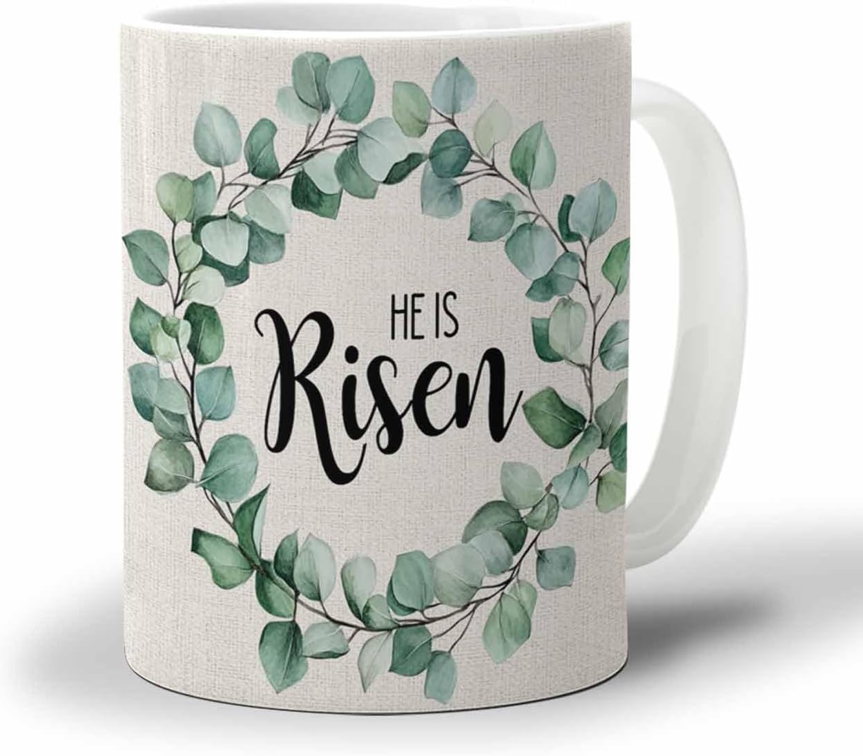 BEMIGO Ceramic Coffee Mug Eucalyptus Leaves Ceramic Mug White Cup, Country Wreath Insulated Coffee Cup with Handle with Pattern Perfect for Tea and Hot Beverages, 12oz