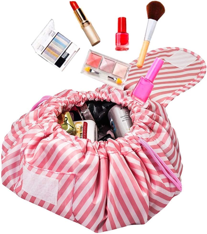 Palazen Large Capacity Lazy Cosmetic Bag Portable Drawstring Makeup Bag Travel Organizer … (Pink White Stripe)