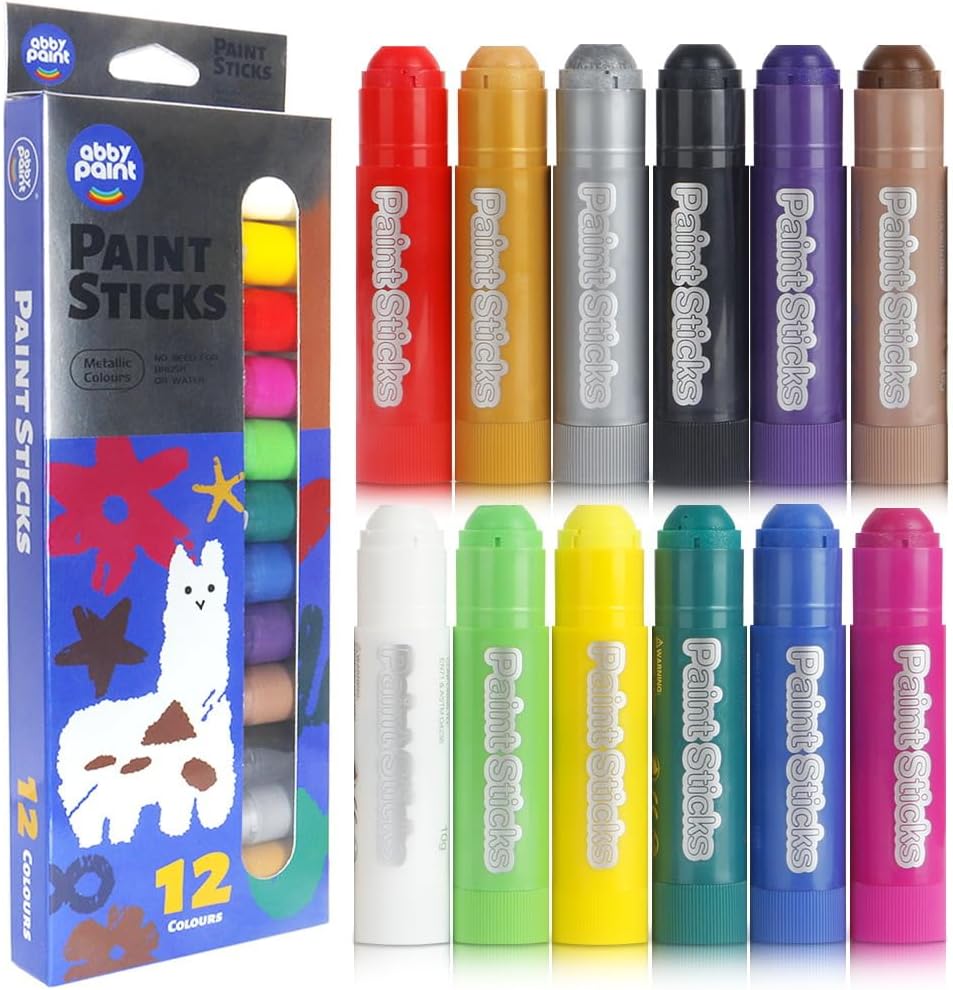 BABY DINO Mess Free Paint Sticks for Kids, PACK OF 12 - Washable & Quick Dry, Ideal for Art Projects, Crafting & Drawing on Paper, Wood, Glass (Metallic)