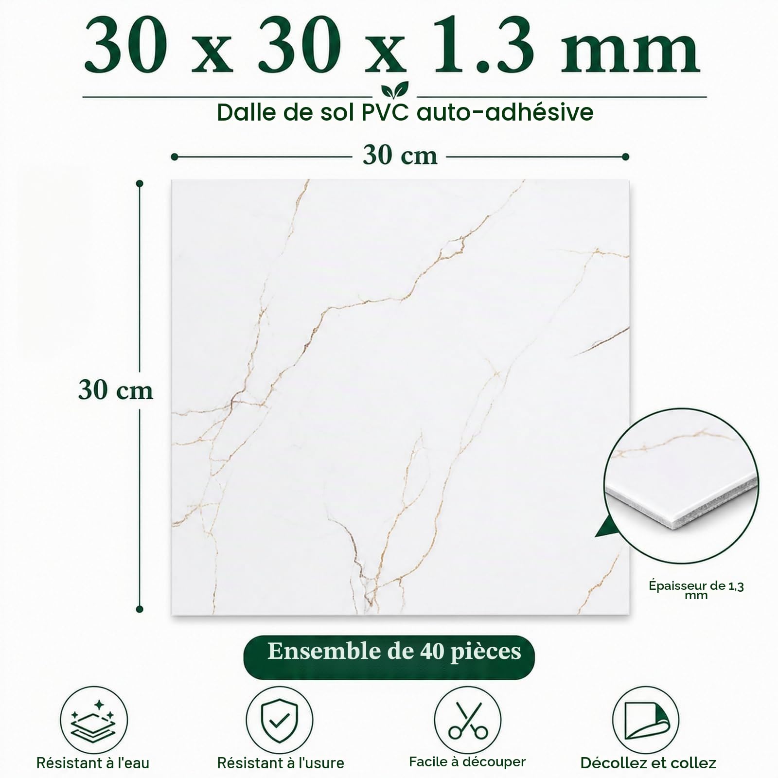 STARVAST Lot de 40 revêtements de sol en PVC - 30 x 30 cm - Blanc - Film de sol autocollant - Pour salon, salle de bain - 40 carreaux/3,6 m² - Marbre blanc