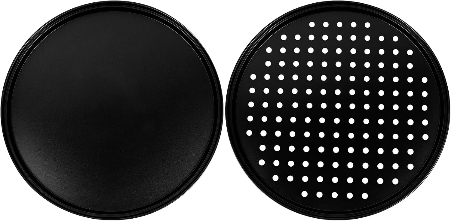 Veemoon 2pcs 32cm Non-stick Pizza Baking Trays Carbon Steel Perforated and Solid Pans Oven Bakeware for Home Kitchen