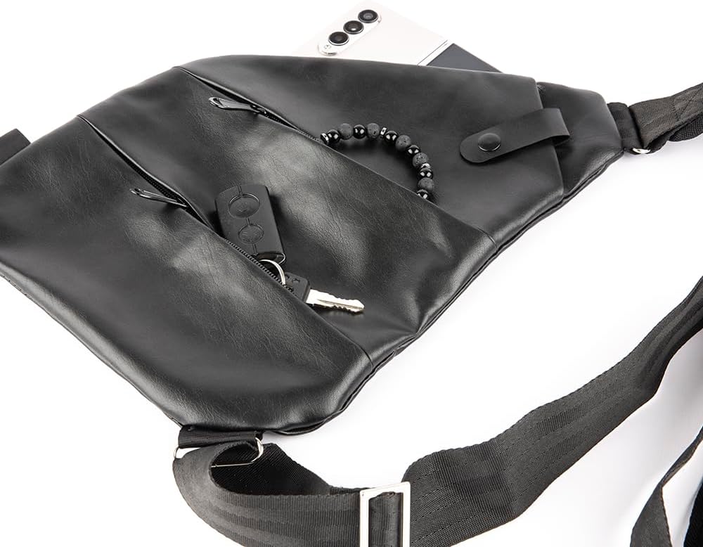 Waterproof Leather Sling Travel Bag for Men and Women, Chest Bag Crossbody Shoulder Bags Crossbody Small Waist Bags Chest Travel Backpack Casual Daypack Black - Image 4