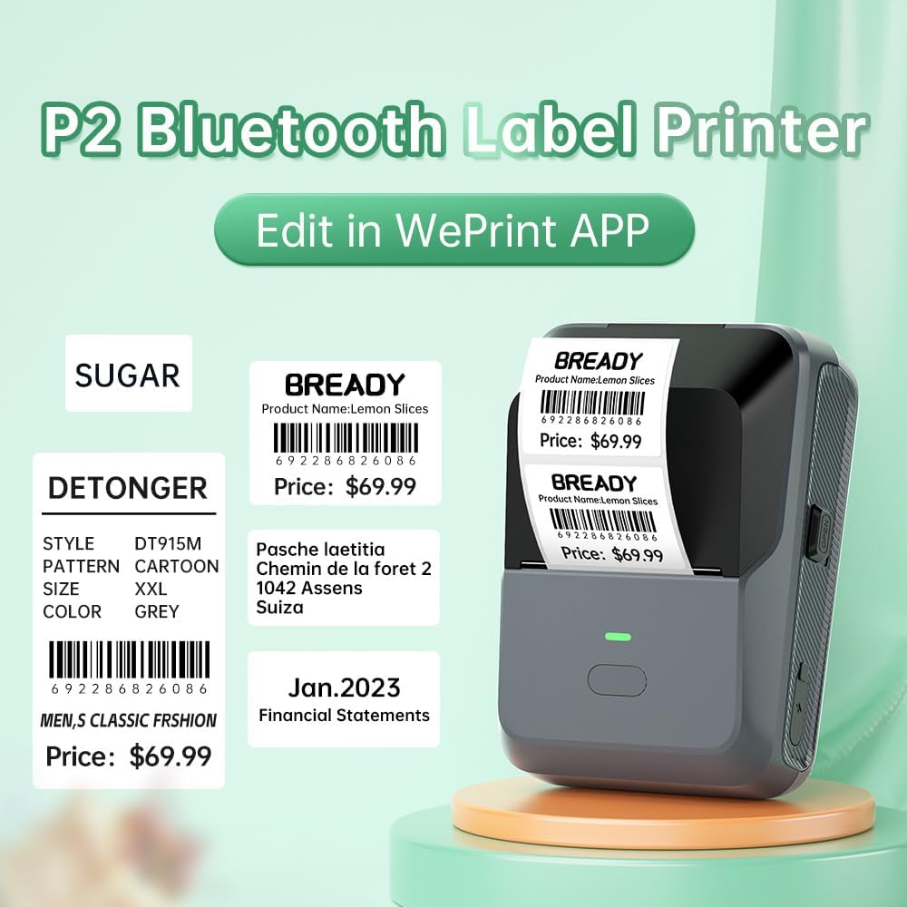 DETONGER P2 Bluetooth Label Printer with example labels edited in WePrint APP