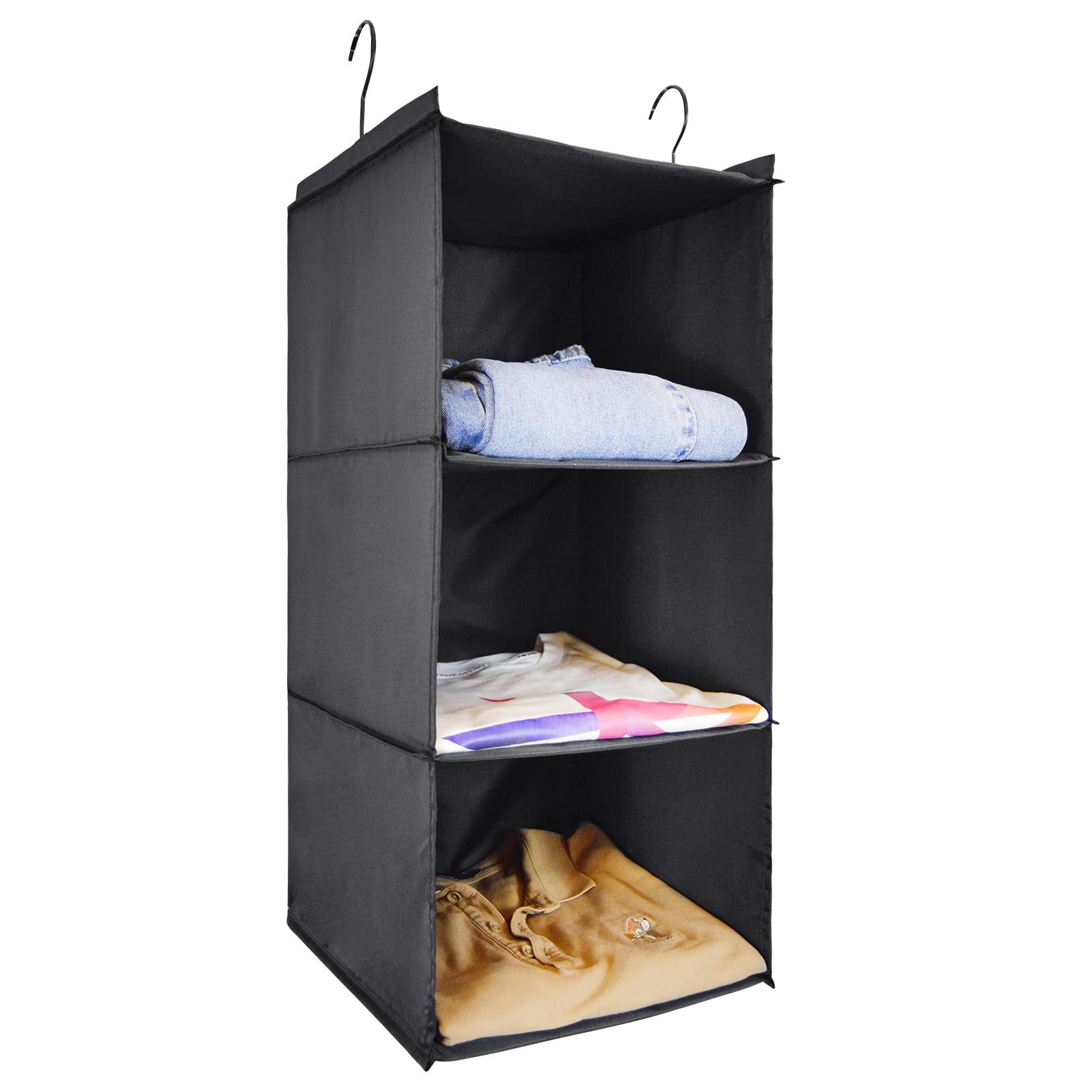 Hanging Closet Organizer - 3-Shelf, Easy Mount Foldable Wardrobe Storage Shelves for Clothes, Handbags, Shoes & Accessories - Washable Oxford Cloth Fabric, Black