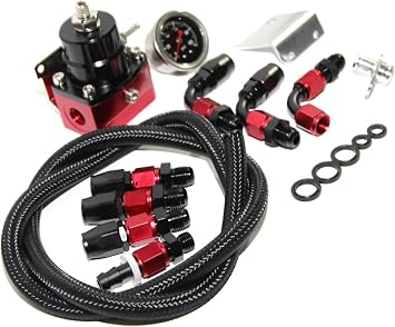 منظم ضغط الوقود E-MOTOR Fit باللونين الأسود والأحمر، مقياس 100 رطل/بوصة مربعة، تركيب AN6 + خط الوقود