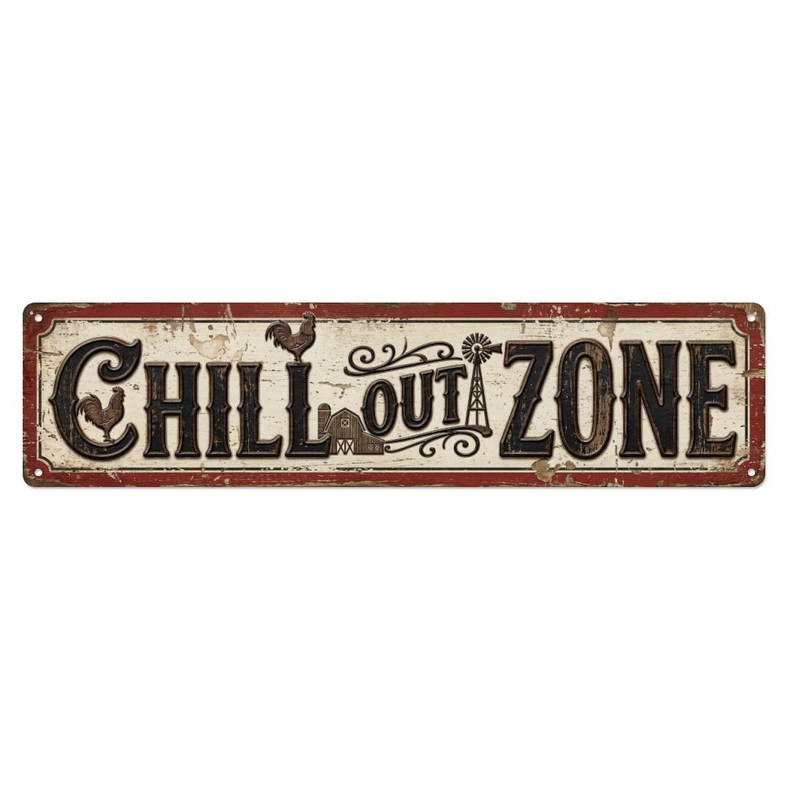 Chill Out Zone Rustic Farmhouse 6 Metal Tin Skinny Sign Plaque Wall Decor for Cafe, Club Bar, Office, Home Garden Metal Poster 4x16Inch