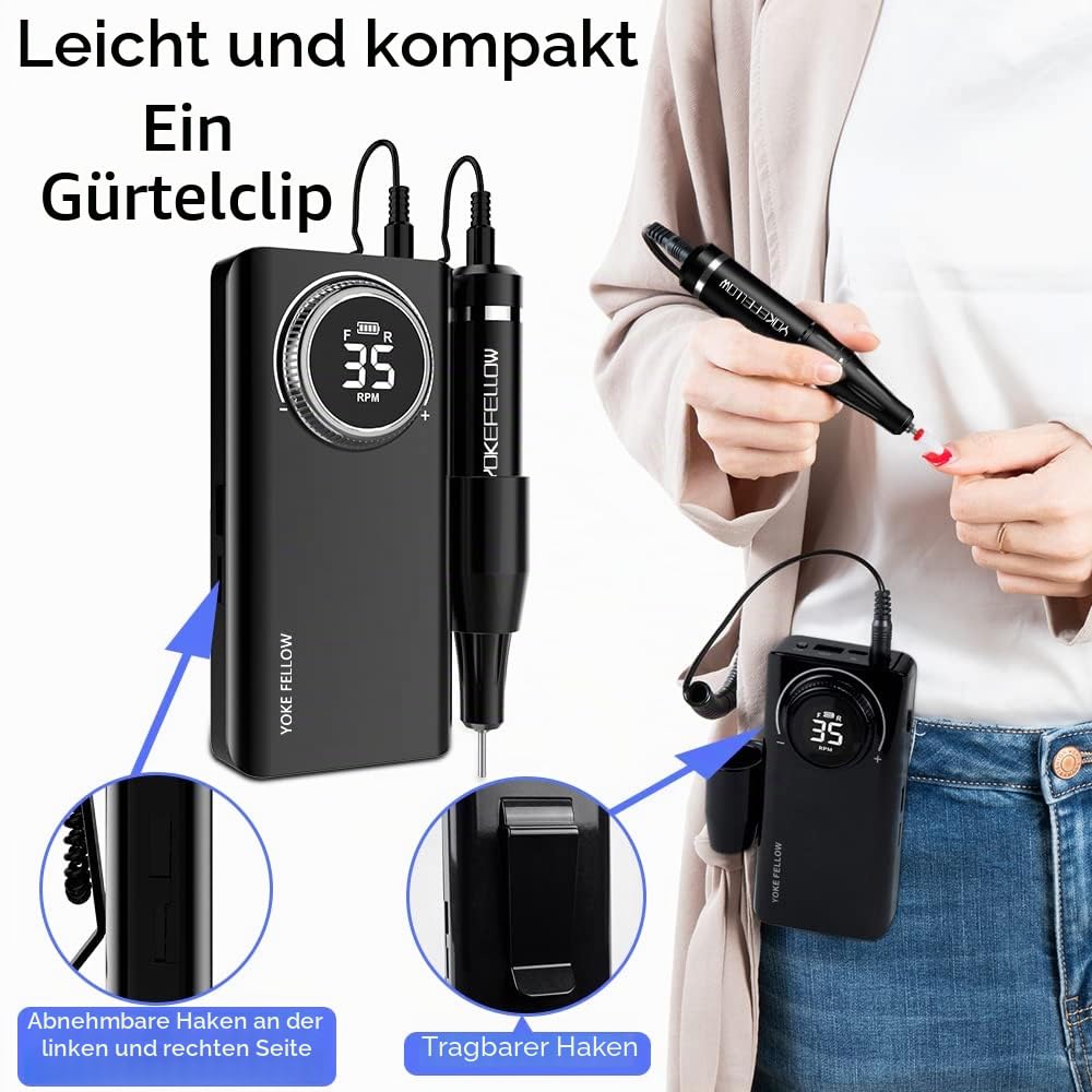 Yokefellow Professioneller 35000 U/min Nagelbohrer für Acrylnägel mit 6 Bits, wiederaufladbar, tragbar, Maniküre, Pediküre, Nagelbohrmaschine als Powerbank, Schwarz & Grau & Silber (Schwarz+NB07)