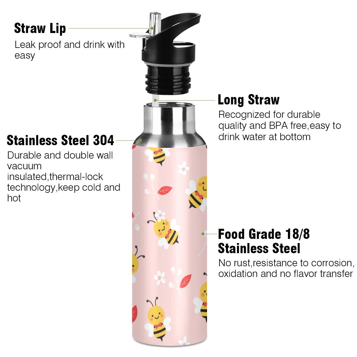 Edelstahl Wasserflasche mit Strohhalm, Bienenblumen auf rosa isolierte Trinkflasche Sport Wasserflasche für Kinder Erwachsene, auslaufsicher, 1L