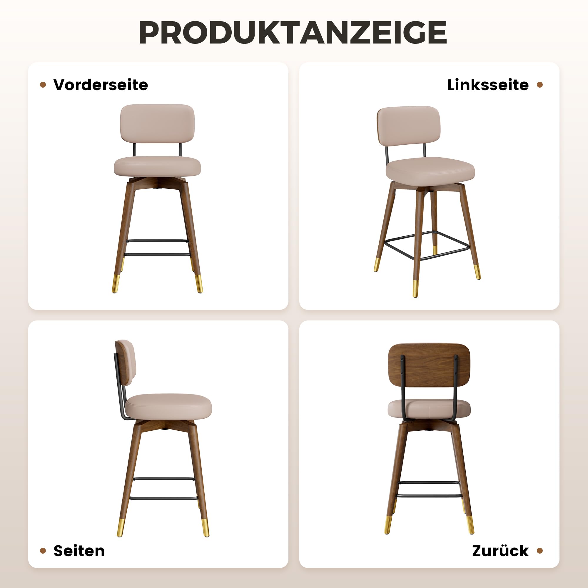 Fijinhom Barhocker 2er Set, 360° Drehbar, Gepolsterte Barhocker mit Lehne aus Kunstleder, Walnuss Rückenlehne & Bugholz Beine, Mid Century Modern Barstuhl für Küche, Insel & Theke, Khaki