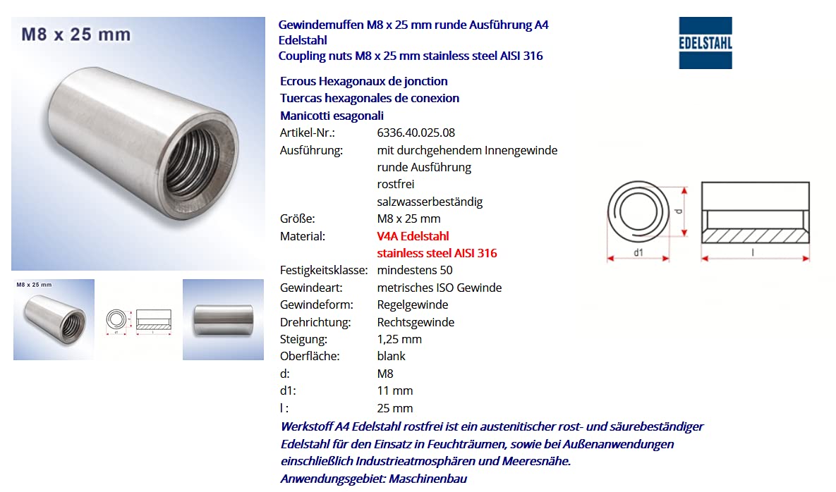 Gwintownik okrągły A4 stal szlachetna mufa nakrętka łącząca długa nakrętka dystansowa V4A okrągła wersja M6 M8 M10 M12 M16 M20 (100, M8 x 25 mm)