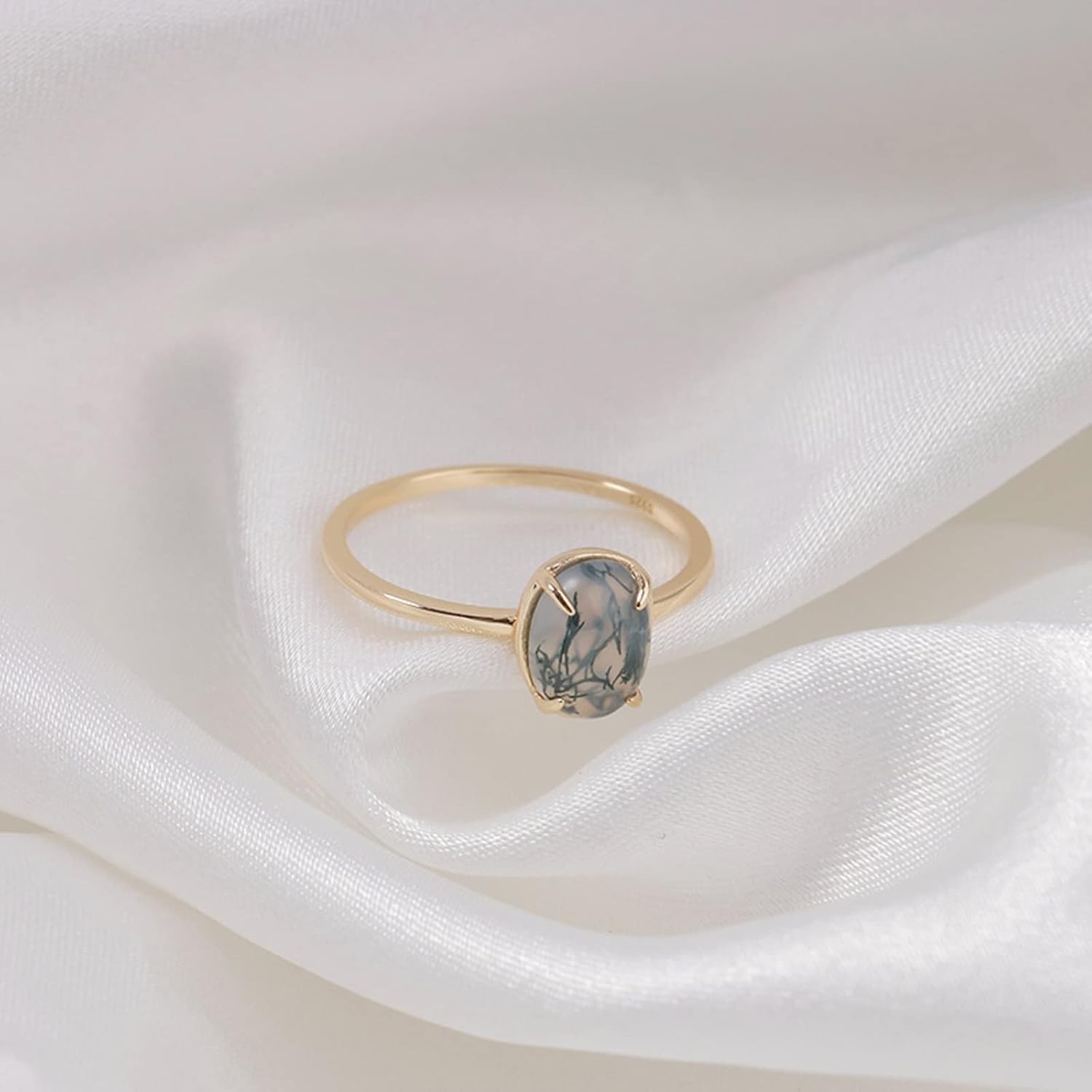 Natural Moss Agate With 14K Gold Plated Sterling Silver Rings Oval Ring Valentine Gift Vintage Retro Ring for Women