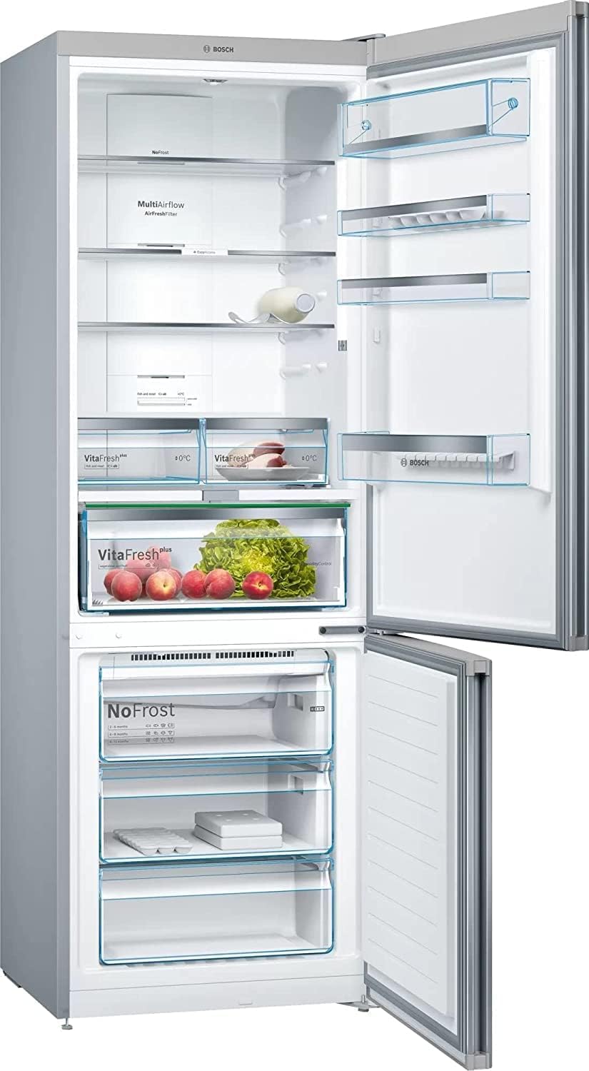 Indre view of the Bosch KGN49LB30U refrigerator with doors open, showing shelves, VitaFresh drawers, Multi Airflow system, and freezer compartments.